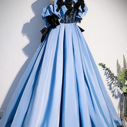 Blue Satin Long Prom Dress, Off The Shoulder..