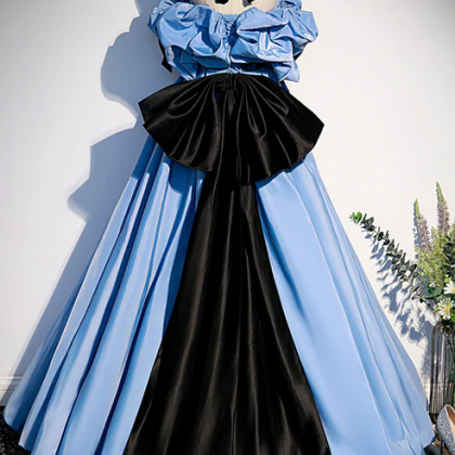 Blue Satin Long Prom Dress, Off The Shoulder..
