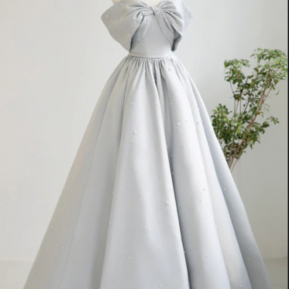 Gray Satin Long Prom Dress, A-line Spaghetti..