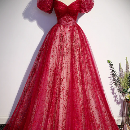 Burgundy Tulle Long Prom Dress With Sequins,..