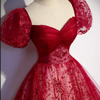 Burgundy Tulle Long Prom Dress With Sequins,..
