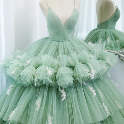 Green Tulle Long A-line Prom Dress, Green V-neck..