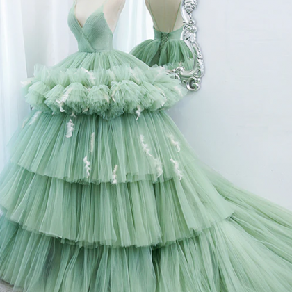 Green Tulle Long A-line Prom Dress, Green V-neck..