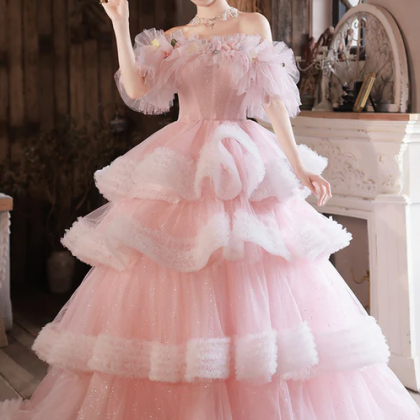 Pink Tulle Long A-line Prom Gown, Off The Shoulder..