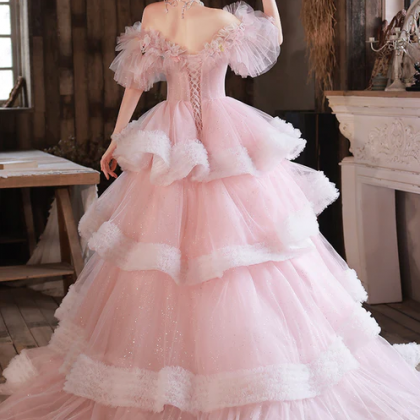 Pink Tulle Long A-line Prom Gown, Off The Shoulder..