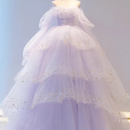 Purple Tulle Layers Long A-line Prom Dress, Cute..