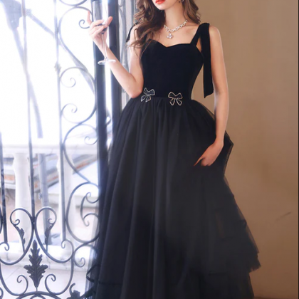 Black Velvet Tulle Long A-line Prom Dress, Black..