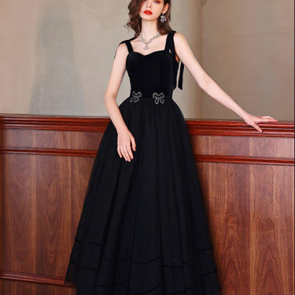 Black Velvet Tulle Long A-line Prom Dress, Black..