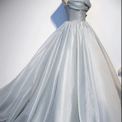 Gray Tulle Long A-line Prom Dress, Gray Strapless..