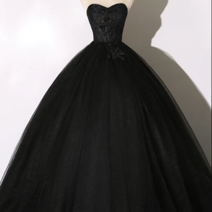 Black Tulle Lace Long Prom Dress, Black Scoop..