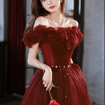Burgundy Tulle Long A-line Prom Dress, Cute Off..