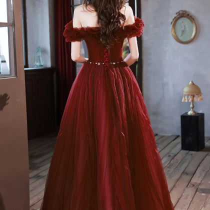Burgundy Tulle Long A-line Prom Dress, Cute Off..