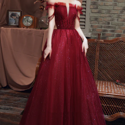 Burgundy Tulle Long A-line Prom With Beaded, Off..