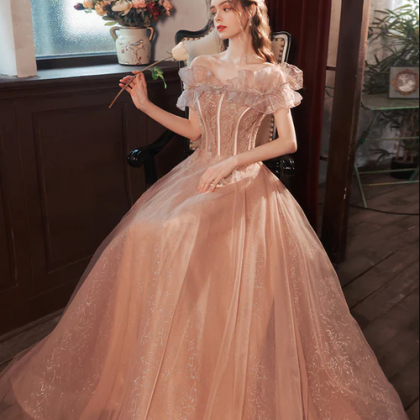 Pink Tulle Long A-line Prom Dress With Sequins,..