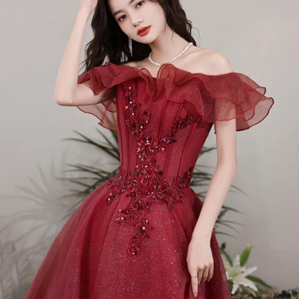 Burgundy Lace Long A-line Prom Dress, Off The..