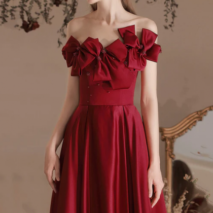Burgundy Satin Long A-line Prom Dress, Off The..