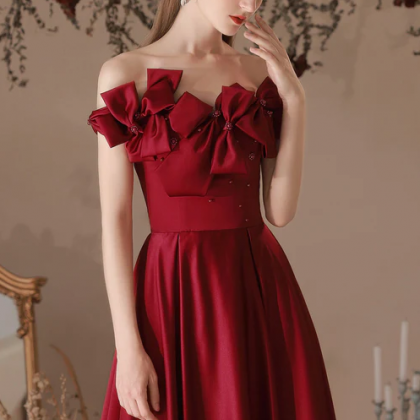 Burgundy Satin Long A-line Prom Dress, Off The..