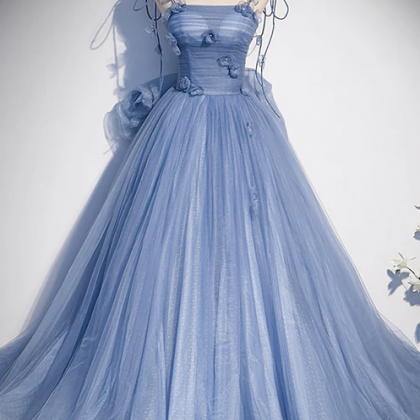 Blue Tulle Long A-line Prom Dress, Blue Spaghetti..