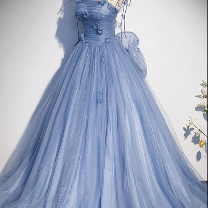 Blue Tulle Long A-line Prom Dress, Blue Spaghetti..