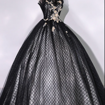 Black Tulle Lace Long Prom Dress, Black A-line..