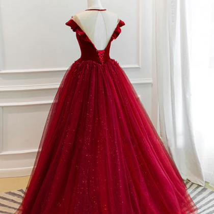 Burgundy Velvet Tulle Floor Length Prom Dress,..