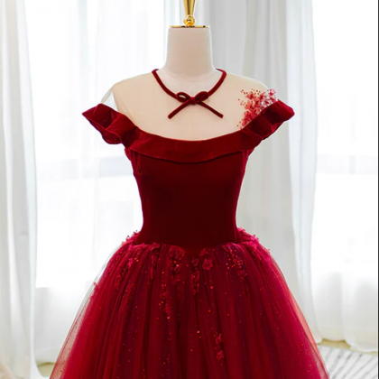 Burgundy Velvet Tulle Floor Length Prom Dress,..