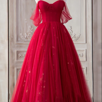 The Red Strapless Tulle Long A-line Prom Dress Is..