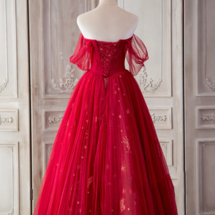 The Red Strapless Tulle Long A-line Prom Dress Is..