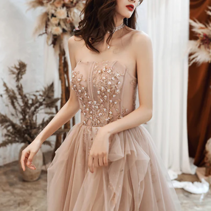 Cute Strapless Tulle Sequins Long Prom Dress,..