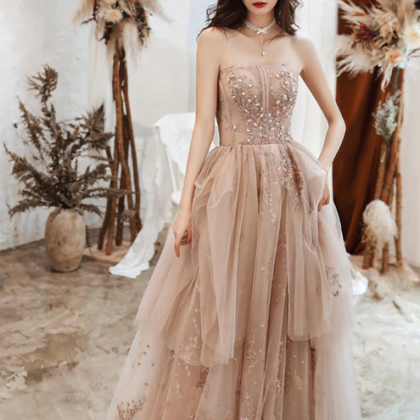 Cute Strapless Tulle Sequins Long Prom Dress,..