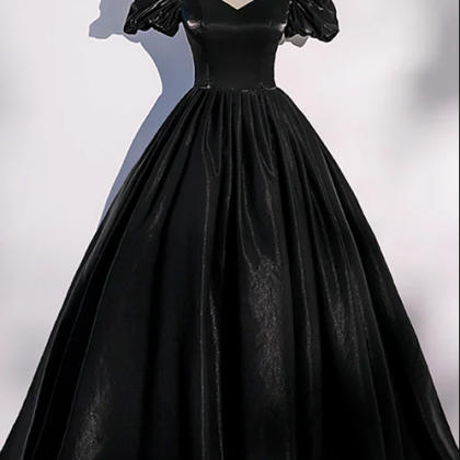 Black Satin Long Prom Dress, Black A-line Short..