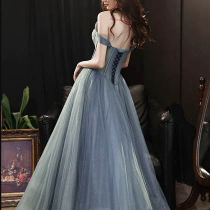 Gray Blue Tulle Long Prom Dress, A-line Off The..