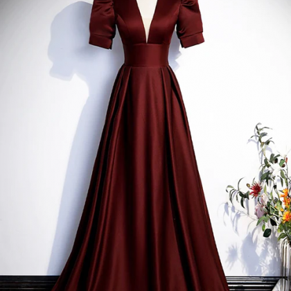 Burgundy V-neck Satin Long Prom Dress, Simple..