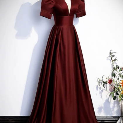 Burgundy V-neck Satin Long Prom Dress, Simple..