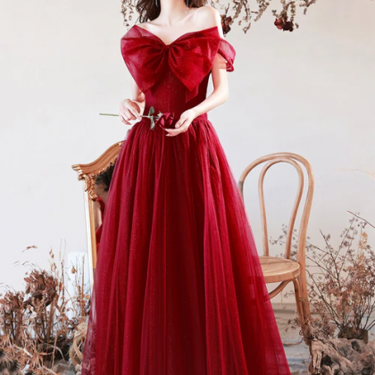 Burgundy Tulle Long A-line Prom Dress With Bow,..