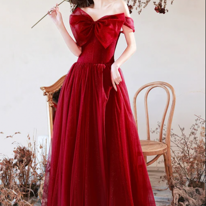 Burgundy Tulle Long A-line Prom Dress With Bow,..