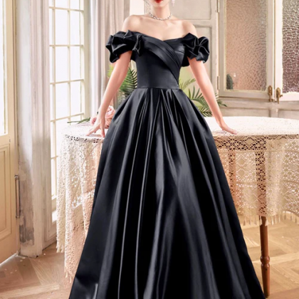 Black Satin Floor Length A-line Prom Dress, Off..