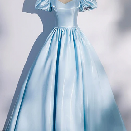 Blue Satin Long Prom Dress, Blue A-line Scoop..