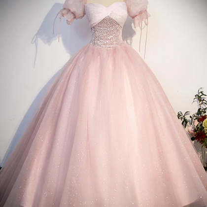 Pink Tulle Sequins Long Prom Dress, Lovely A-line..