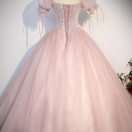 Pink Tulle Sequins Long Prom Dress, Lovely A-line..