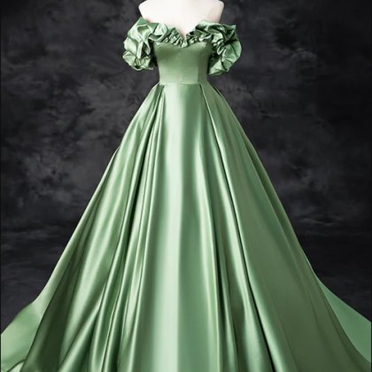 Green Satin Long A-line Party Dress, Off The..