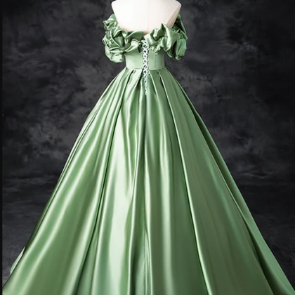 Green Satin Long A-line Party Dress, Off The..