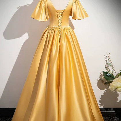 Yellow V-neck Satin Long Prom Dress, Yellow A-line..
