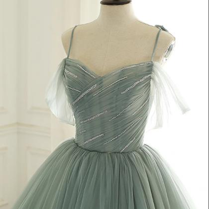 Green Tulle Long Prom Dresses, A-line Spaghetti..