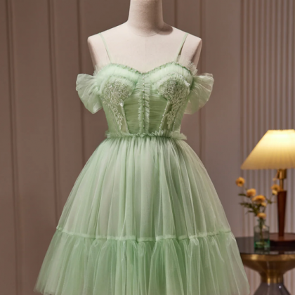 Green Tulle Lace Short Prom Dress, Cute Homecoming..