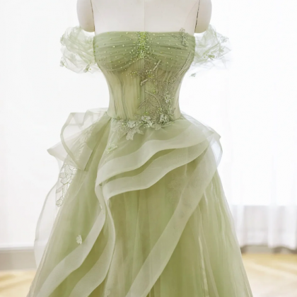 Green Tulle Long Floor Length Prom Dress,..