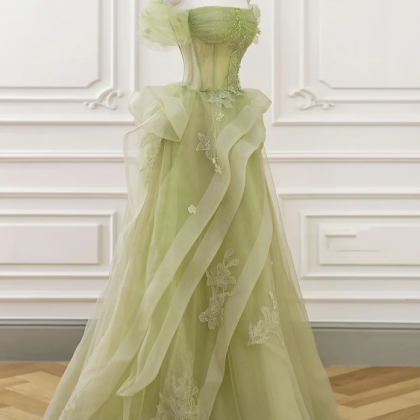 Green Tulle Long Floor Length Prom Dress,..