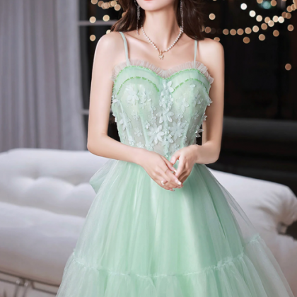 Green Tulle Lace Short Prom Dress, A-line Evening..