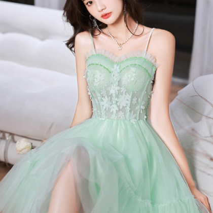 Green Tulle Lace Short Prom Dress, A-line Evening..