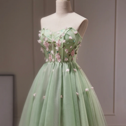 Green Tulle Beaded Party Dress, Green Short Prom..